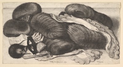 Stilleven met een groep mofjes, een paar handschoenen, waaiers, masker en twee zakdoeken door Wenceslaus Hollar