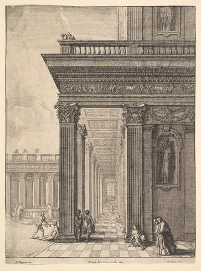 Tempelhof met Figuren, naar David Teniers de Oude door Wenceslaus Hollar