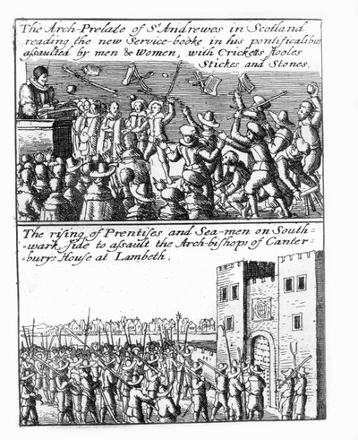 De aartsbisschop van St Andrews predikt in Schotland; opstand van leerlingen en zeelieden bij Lambeth Palace door Wenceslaus Hollar