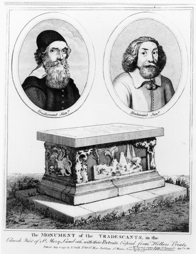 Het monument van de Tradescants op het kerkhof van St. Mary Lambeth, gepubliceerd in 1793 door Wenceslaus Hollar