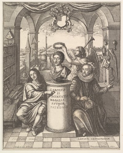 De Koninklijke Maatschappij, frontispice van Thomas Sprat, De Geschiedenis van de Koninklijke Maatschappij van Londen..., 1667 door Wenceslaus Hollar