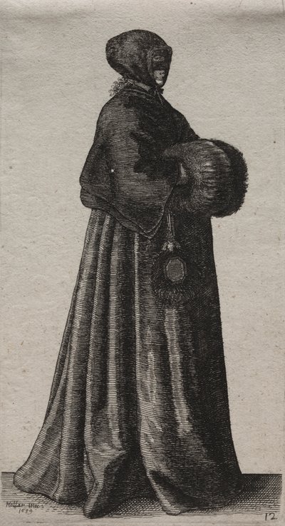 De verschillende gewoonten van Engelse vrouwen, van de adel tot de plattelandsvrouwen zoals ze in deze tijden zijn: De vrouw met masker, kap en mof door Wenceslaus Hollar