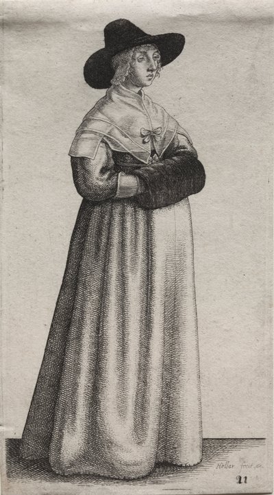 De verschillende gewoonten van Engelse vrouwen, van de adel tot de plattelandsvrouwen zoals ze in deze tijden zijn: De vrouw met een mannelijke hoed en donkere mof door Wenceslaus Hollar