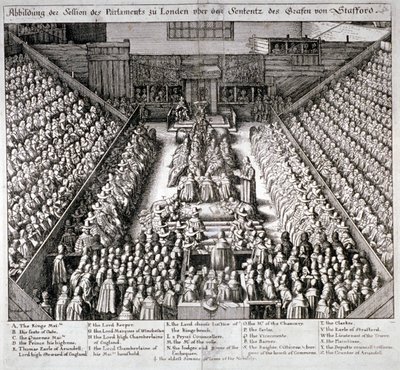Het proces van Thomas Wentworth, Graaf van Strafford, Westminster Hall, Londen, 1641 door Wenceslaus Hollar