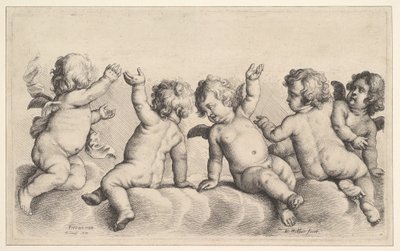 Drie cherubijnen en twee jongens op wolken door Wenceslaus Hollar