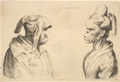 Twee misvormde hoofden die elkaar aankijken, 1625-77 door Wenceslaus Hollar