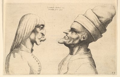 Twee misvormde hoofden die elkaar aankijken door Wenceslaus Hollar
