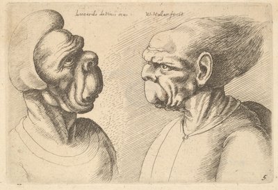 Twee misvormde hoofden naar binnen gericht, 1625-77 door Wenceslaus Hollar