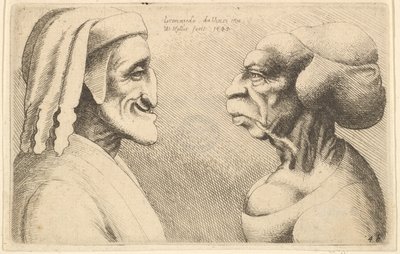 Twee misvormde hoofden, de figuur links is mogelijk een karikatuur van Dante door Wenceslaus Hollar