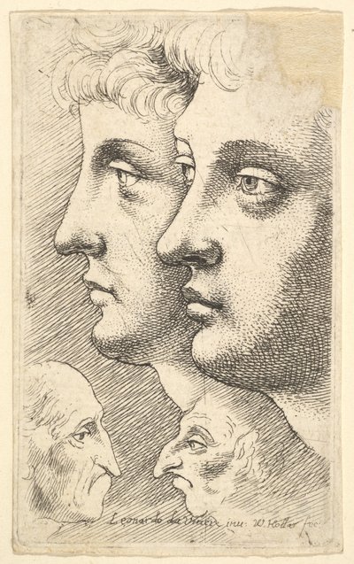 Twee jongeren in profiel naar links met twee groteske hoofden die elkaar aankijken door Wenceslaus Hollar