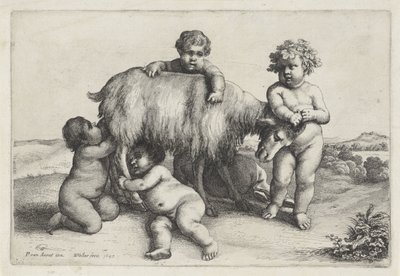 Vier jongetjes, een sater en een geit staand naar rechts door Wenceslaus Hollar