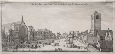 Uitzicht op Londen: New Palace Yard met Westminster Hall en het Klokhuis door Wenceslaus Hollar