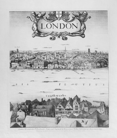 Uitzicht op Londen, gepubliceerd 1647 (facsimile kopie) (detail) door Wenceslaus Hollar