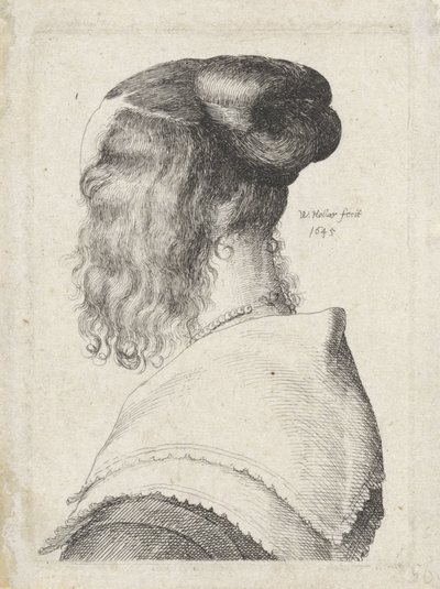 Vrouw met opgestoken haar, schuin op de rug gezien door Wenceslaus Hollar