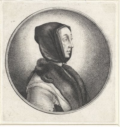 Vrouw met zwarte hoofddoek en stola van bont door Wenceslaus Hollar