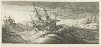 Oorlogsschepen en een spuitende walvis door Wenceslaus Hollar