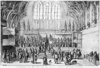 Westminster Hall, West End, met de rechtbanken van Chancery en Kings in zitting door Wenceslaus Hollar