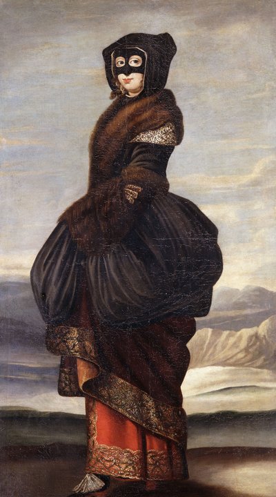 Winter: Een dame, in exotisch kostuum, met een masker, in een landschap door Wenceslaus Hollar