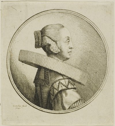 Vrouw met ronde kanten kraag in profiel naar rechts door Wenceslaus Hollar