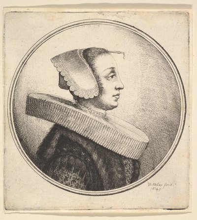 Vrouw met ronde kraag, kap en haarspeld, in profiel naar rechts, 1645 door Wenceslaus Hollar
