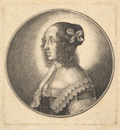 Vrouw met donker haar en een strik in profiel naar links door Wenceslaus Hollar