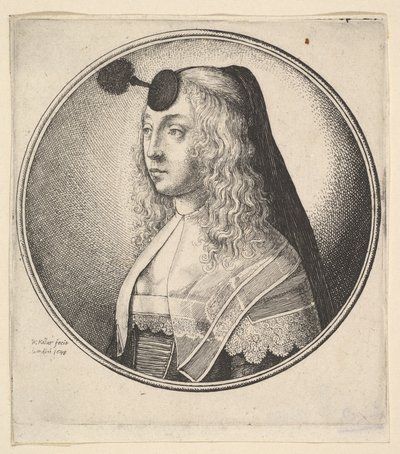 Vrouw met houpette op het voorhoofd naar links gedraaid, 1643 door Wenceslaus Hollar