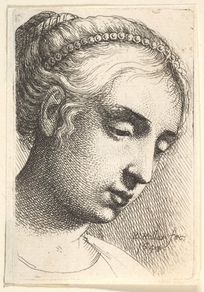 Vrouw met parelsnoer in haar haar kijkt naar beneden naar rechts door Wenceslaus Hollar