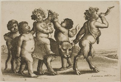 Jonge Bacchus rijdend op een luipaard geleid door een sater die op een hoorn blaast door Wenceslaus Hollar