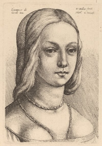 Hoofd van een vrouw die naar rechts kijkt door Wenceslaus Hollar after Lorenzo di Credi