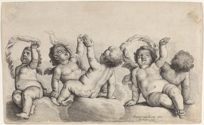 Drie cherubijnen en twee jongens die elk een arm omhoog steken op wolken door Wenceslaus Hollar, after Peeter van Avont