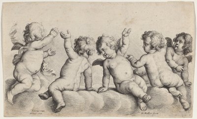 Drie cherubijnen en twee jongens op wolken door Wenceslaus Hollar, after Peeter van Avont