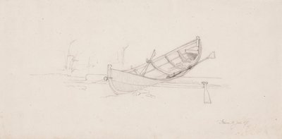 Een roeiboot gesleept op een boomstam in Maih door Werner Holmberg