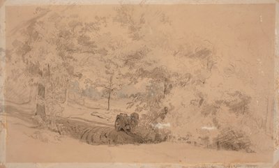 Boslandschap met paard en wagen ; Boslandschap, vissende man op een brug over een beek (dubbelzijdig werk) door Werner Holmberg