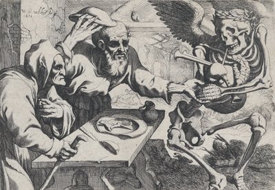 Oud paar en de dood met doedelzakken, 1612 door Werner Jacobsz. van den Valckert
