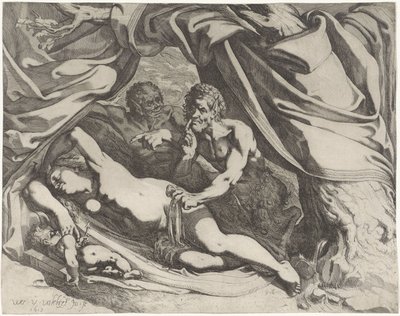Slapende Venus door stares bespied door Werner van den Valckert