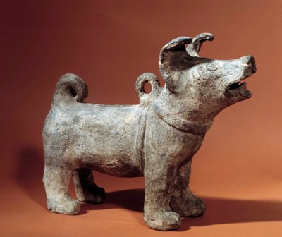 Chinese kunst: molos met harnas. Terracotta grafbeeldje uit de Han-periode (206 v.Chr.-220 n.Chr.). Musee Cernuschi, Parijs door Western Han Dynasty Chinese School
