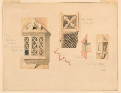 Tekening, weergave van twee stenen lantaarns, van het kasteel in Amboise, Frankrijk, 14-15 juni 1888 door Whitney Warren Jr.