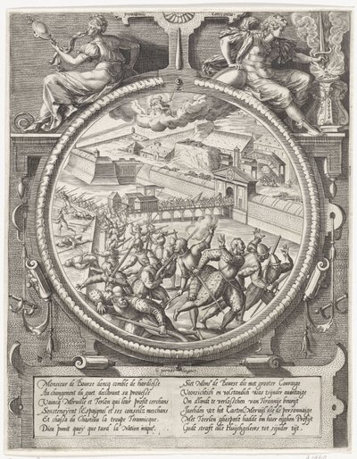 De troepen van Bourse verdrijven de Duitse soldaten van Treslong en Merville uit de citadel, 1577 door Wierix