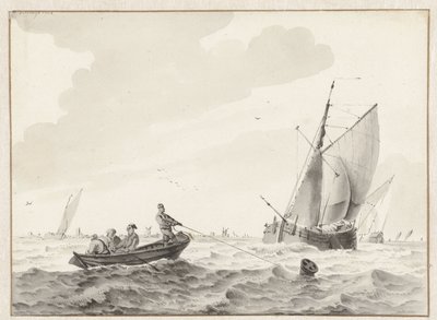 Golvend water met een roeiboot bij een boei door Wigerus Vitringa