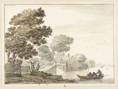 Landschap met een houten brug en bomen langs een vaart door Wigerus Vitringa