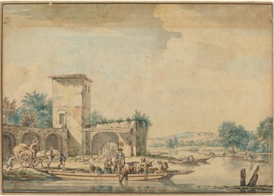 Rivierlandschap met een veerboot door Wigerus Vitringa