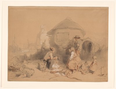 Gesprek op het strand bij een tot behuizing omgebouwde boot door Wijnand Nuijen (signed by artist)