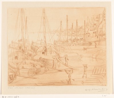Afgemeerde schepen aan de oever van de Ganges in Benares door Wijnand Otto Jan Nieuwenkamp (signed by artist)