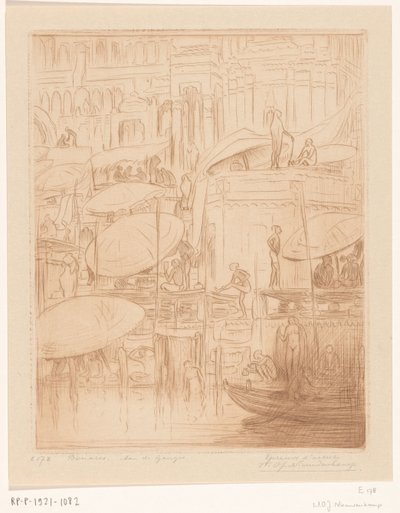 Badende en biddende mannen en vrouwen aan de oever van de Ganges in Benares door Wijnand Otto Jan Nieuwenkamp (signed by artist)