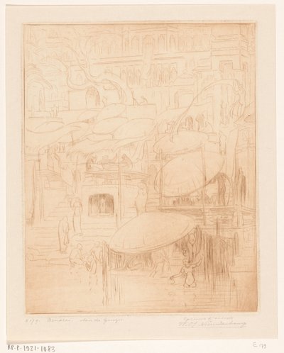 Badende en biddende mannen en vrouwen aan de oever van de Ganges in Benares door Wijnand Otto Jan Nieuwenkamp (signed by artist)