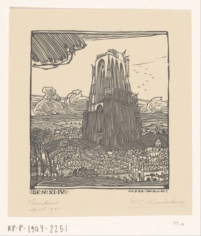 Bouw van de toren van Babel door Wijnand Otto Jan Nieuwenkamp (signed by artist)