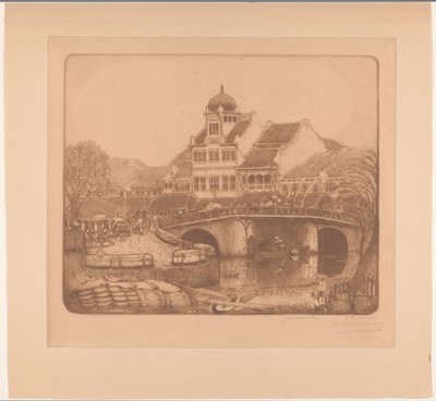 Brug en kantoorgebouw in Batavia Aan de Kali Besar te Batavia door Wijnand Otto Jan Nieuwenkamp (signed by artist)