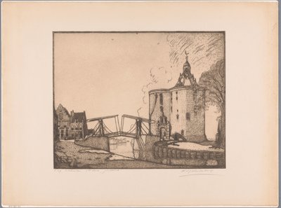 Gezicht op de Drommedaris te Enkhuizen door Wijnand Otto Jan Nieuwenkamp (signed by artist)