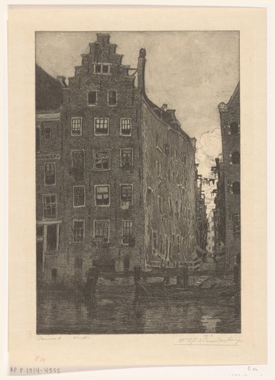 Huizen aan het Damrak in Amsterdam door Wijnand Otto Jan Nieuwenkamp (signed by artist)