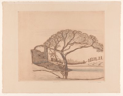 Huizen, boom bij vijver en vrouwen met waterkruiken op het hoofd door Wijnand Otto Jan Nieuwenkamp (signed by artist)